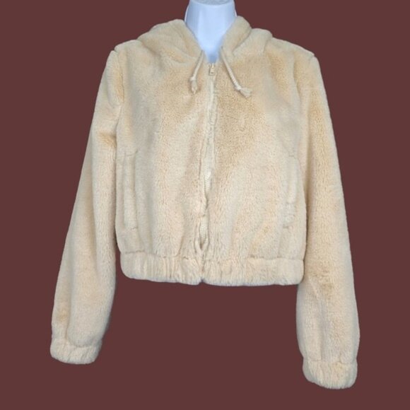 PacSun L.A. Hearts Tan Faux Fur Plush Hooded Cropped Jacket Size XS NWT - Picture 1 of 6